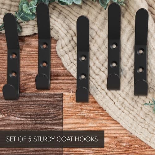 Stylish Black Metal Coat Hooks for Wall - Set of 5 | Modern Decor for Jackets, Towels & Hats