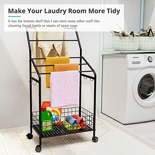 5-Tier Metal Towel Rack with Hooks & Lockable Wheels for Bathroom and Living Room
