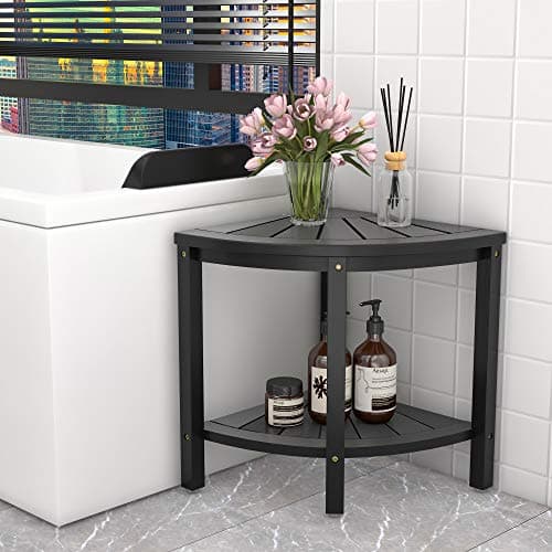 Zhuoyue Bamboo Corner Shower Stool with Storage, Waterproof for Bathroom & Shower