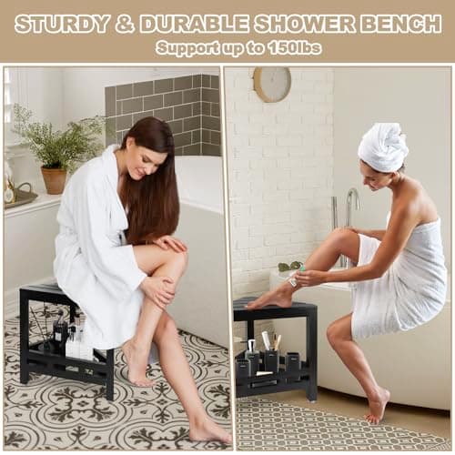 Updated Bamboo Corner Shower Stool, Waterproof with Storage, Anti-Slip Pad (Black)