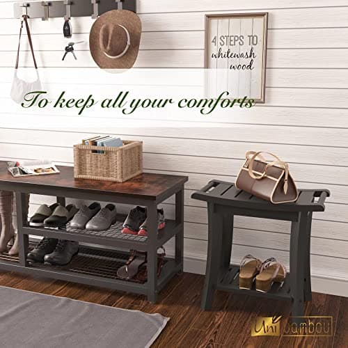 Waterproof Black Bamboo Shower Bench with Storage - Spacious for All Ages