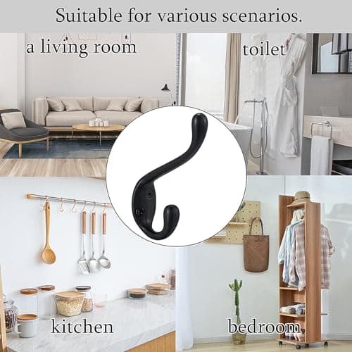 Durable Wall Mounted Coat Hooks - 5 Pack - Matte Black Double Prongs for Hanging Clothes/Towels