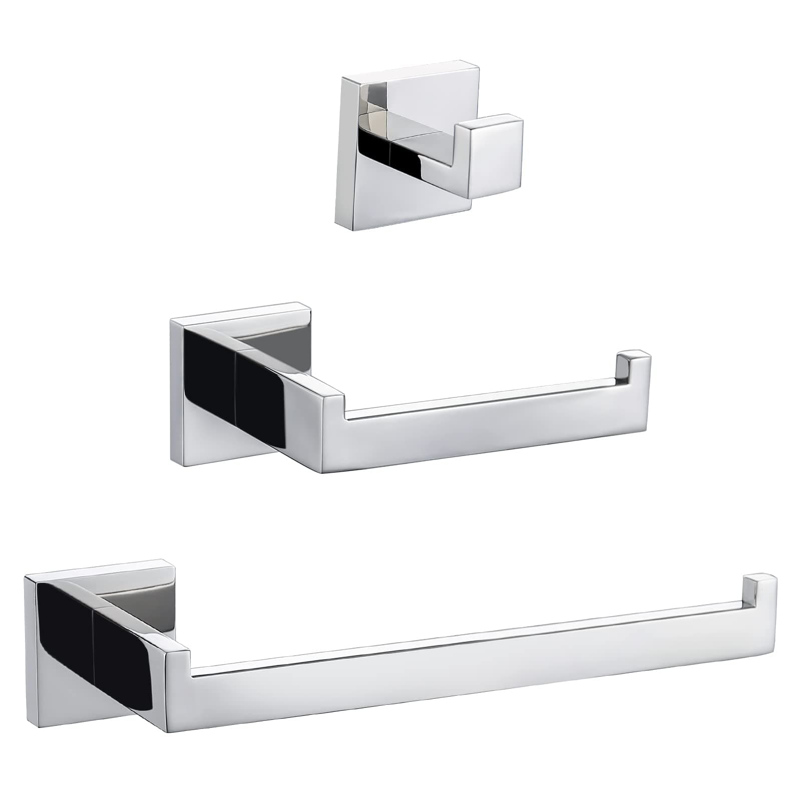 Modern Bathroom Accessories Set: Stainless Steel Toilet Paper Holder, Towel Bar, Robe Hook - Polished Finish (Q7010P)