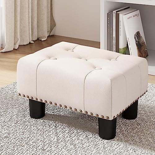 LUE BONA Black Rivet Faux Leather Foot Stool, 9" H, for Adults, Living Room Couch — Beige