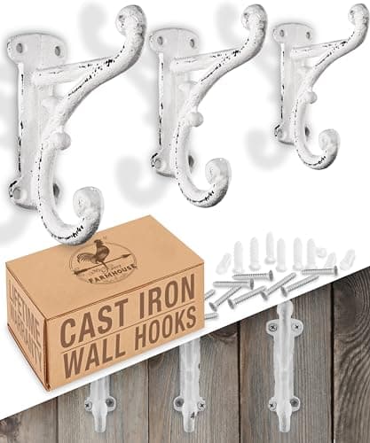 Rustic Dark Brown Cast Iron Coat Hooks (3 Pack) — Rustic Antique White