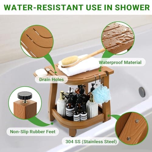ETECHMART Waterproof Corner Shower Stool with Storage, Teak Finish for Legs Shaving