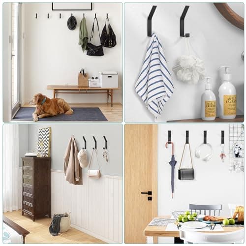 Heavy Duty Black Wall Hooks - 6 Pack Coat Rack with Towel Hooks