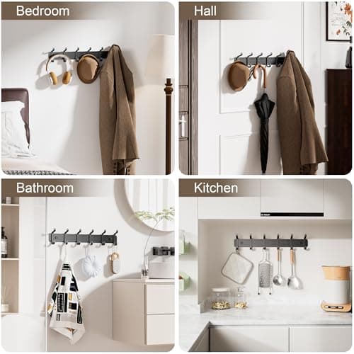 Pickpiff Heavy Duty Black Coat Hook Rail with 6 Dual Hooks for Mudroom, Entryway, and More