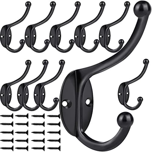 ZEYU 10PC Coat & Towel Hooks, No Rust, Black, Wall Mounted
