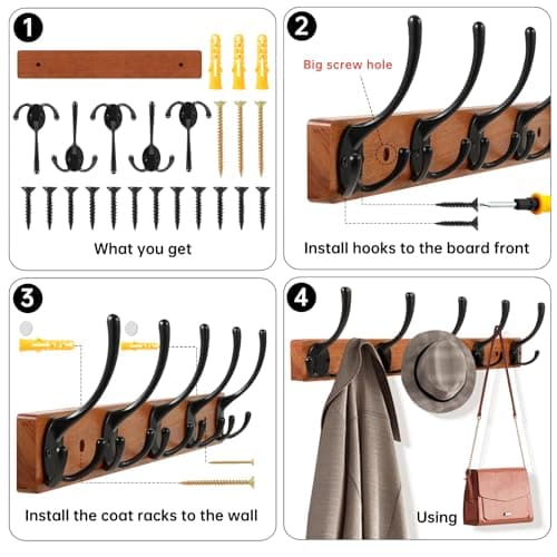 Wall Mounted Coat Rack with 5 Hooks, Wooden and Metal Design for Entryway