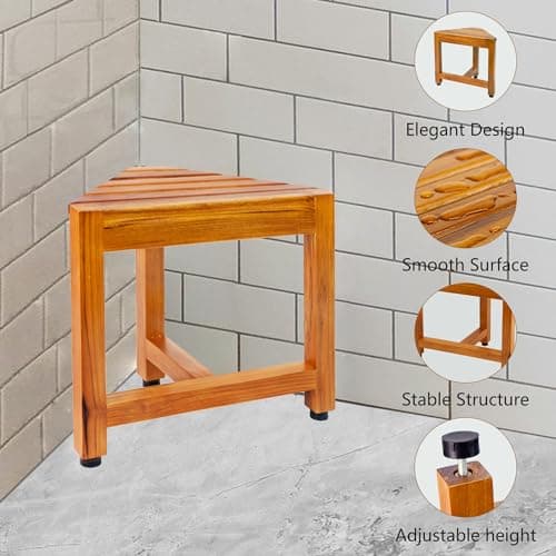 VaeFae Teak Shower Corner Bench, Wooden Foot Rest for Inside Shower