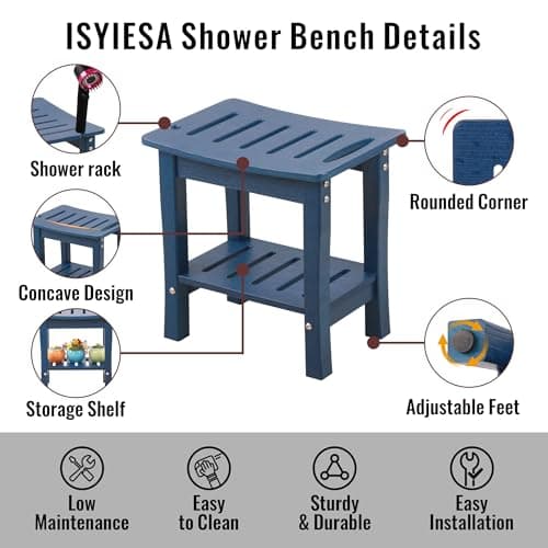 Waterproof HDPE Shower Bench with Storage and Non-Slip Shaving Shelf (Navy)
