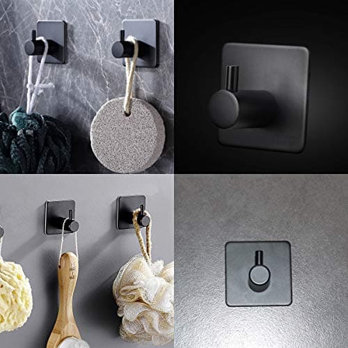 4-Pack Matte Black Waterproof Stainless Steel Adhesive Hooks for Towels and Coats-Bathroom & Kitchen