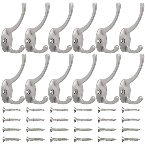 12 Pack Silver Coat Hooks with Screws for Wall Mounting - Retro Double Utility Hooks for Coats, Scarves, Bags, Towels, Keys, Hats
