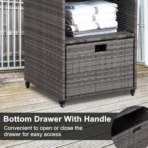 Kinfant Waterproof PE Rattan Towel Rack with Rolling Wheels, 2 Shelves, 1 Drawer, for Pool Patio