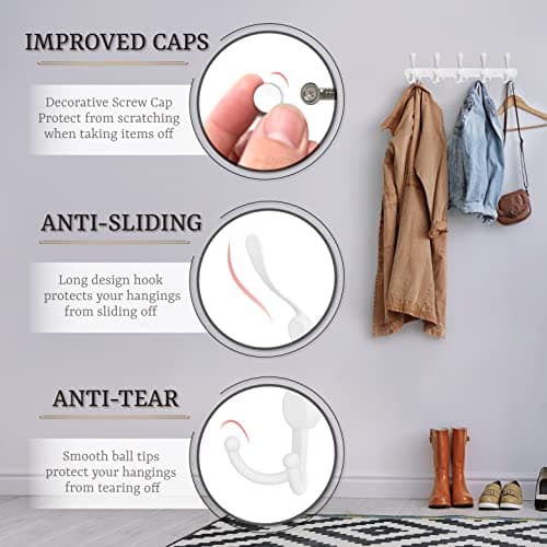 16-Inch Heavy Duty Matte Stainless Steel Coat Rack - 5 Hooks for Towels, Bags, Hats - Wall Mounted - White - 2 Pack