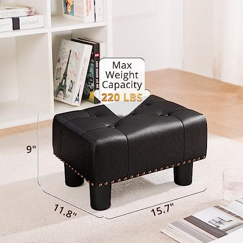 LUE BONA Black Rivet Faux Leather Foot Stool, 9" H, for Adults, Living Room Couch