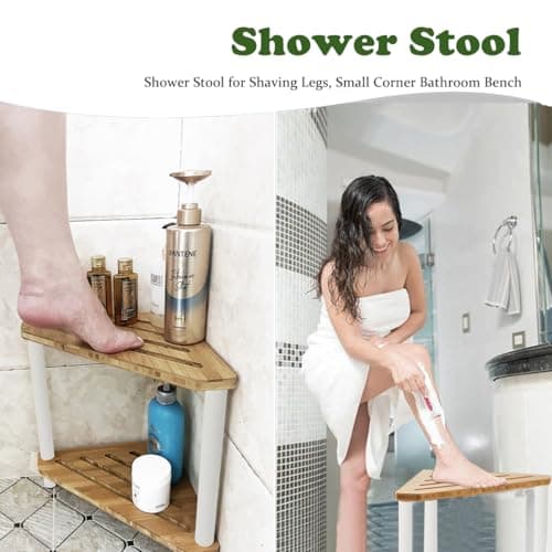 Bamboo Corner Shower Stool with White Metal Legs, Waterproof Storage Shelf