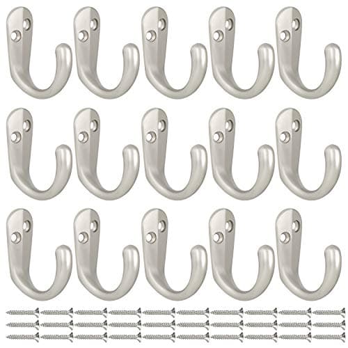 Wall Mounted Coat Hooks Set with Screws - 15 Pack (Silver)