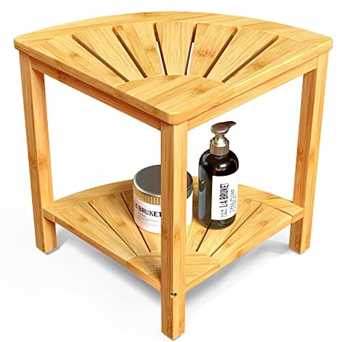 Zhuoyue Bamboo Corner Shower Stool with Storage, Waterproof for Bathroom & Shower — Nature