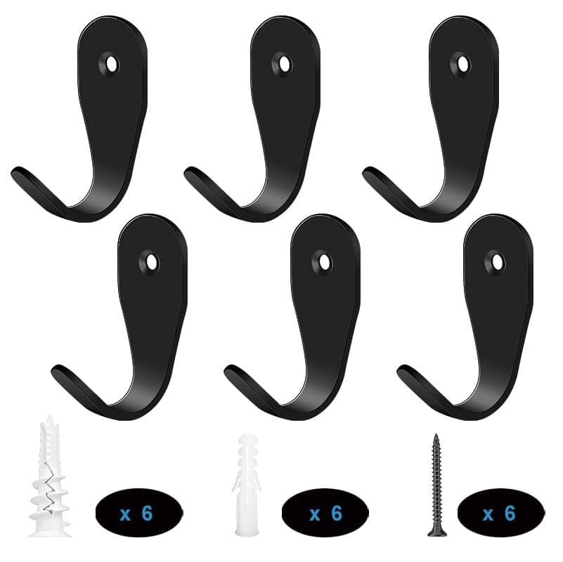 Heavy Duty Black Wall Hooks, 6pcs for Coats, Towels, Bags