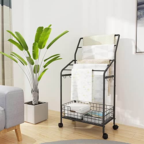5-Tier Metal Towel Rack with Hooks & Lockable Wheels for Bathroom and Living Room
