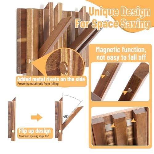 Rustic Wood Wall Coat Rack 6 Hooks 10.4inch Retractable Small Spaces