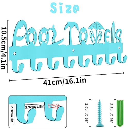 Blue Metal Outdoor Pool Towel Rack with Hooks for Storage and Decor