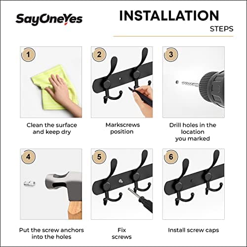 Heavy Duty Black Stainless Steel Coat Rack - 16 Inch Wall Mount - 5 Hooks