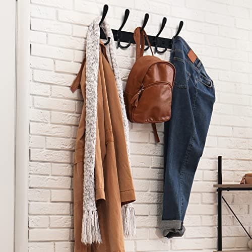 Wall Mounted Coat Rack with 5 Tri Hooks - Stainless Steel, Heavy Duty (Black, 2 Packs)