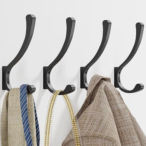 4 Pack Large Black Wall Hooks for Heavy Duty Coats and Bags