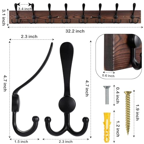 Large Wall Mount Coat Rack with 8 Triple Hooks - Brown Pine Wood Plank Hat Rack for Coat, Hat, Jacket