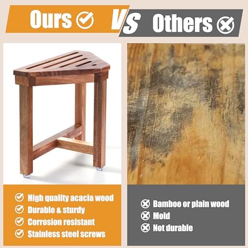 Acacia Wood Shower Stool for Leg Shaving, 13.3 in Corner Foot Rest-Safe & Non-Slip