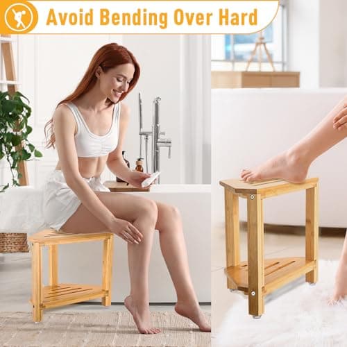 IBosins Corner Shower Stool - Bamboo Wood Shower Bench with Storage for Shaving Legs