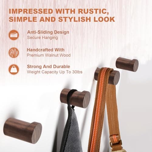 Rustic 4 Pack Wood Wall Hooks for Hanging Bags, Towels, and Clothes