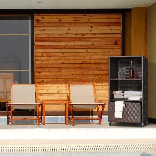 Outdoor Pool Towel Valet with Storage & Wheels, Brown