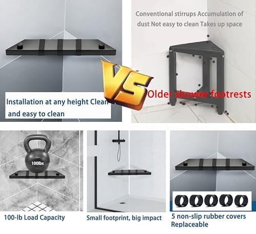 Stainless Steel Non-Slip Shower Foot Rest for Leg Shaving (Matte Black)
