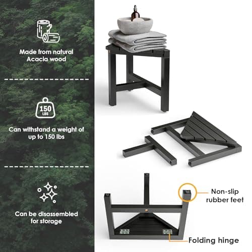 HOLANA Black Acacia 12" Shower Foot Rest - Corner Bench for Shaving