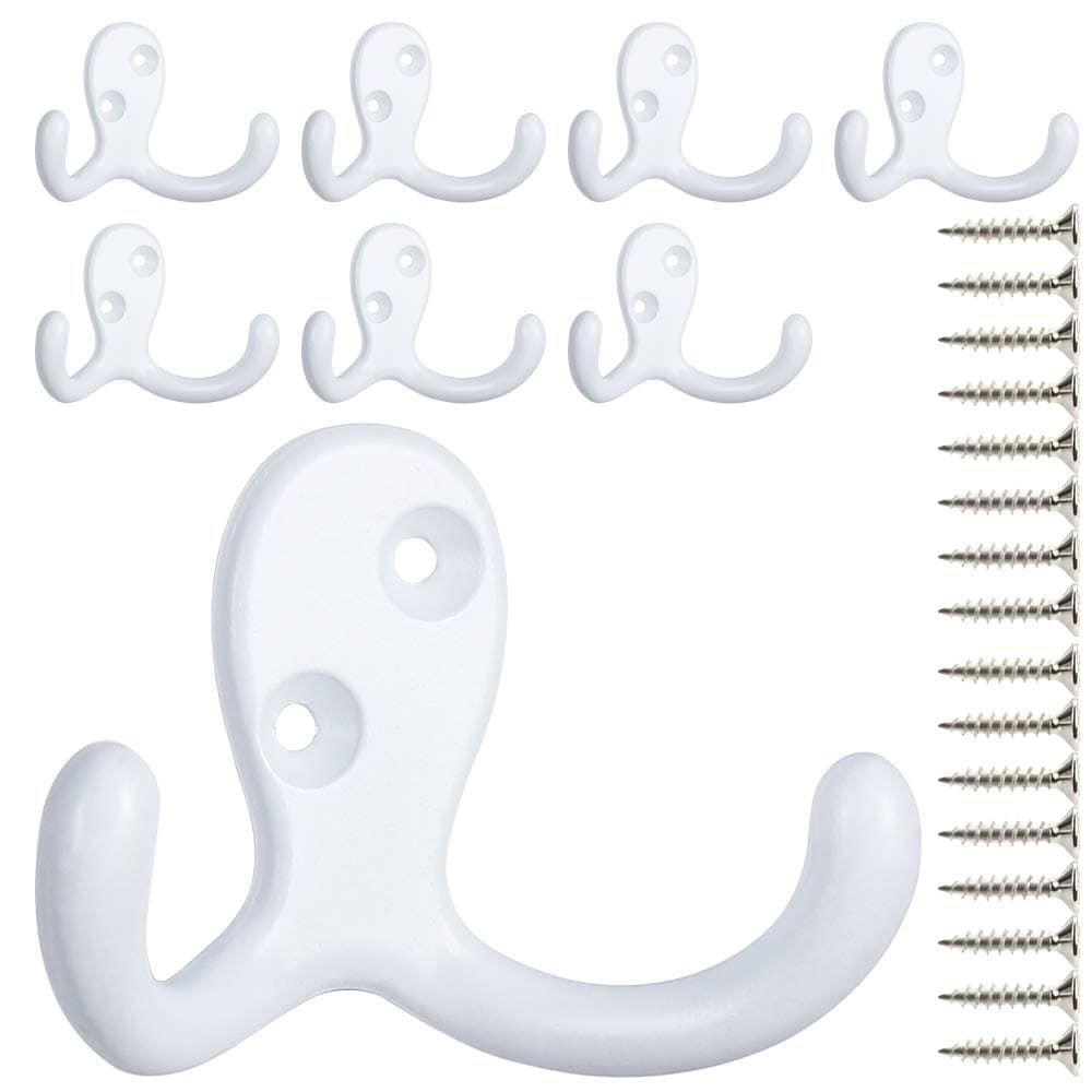 8 Pack Heavy Duty Double Prong Wall Mounted Coat Hooks with Screws – Versatile Utility for Coats, Scarves, Bags, Towels, Keys, Caps, Cups, and Hats