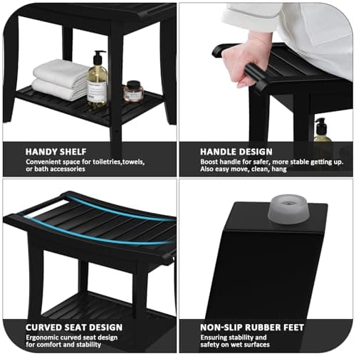 Bamboo Waterproof Shower Bench with Storage for Legs & Spa Baths (Black)