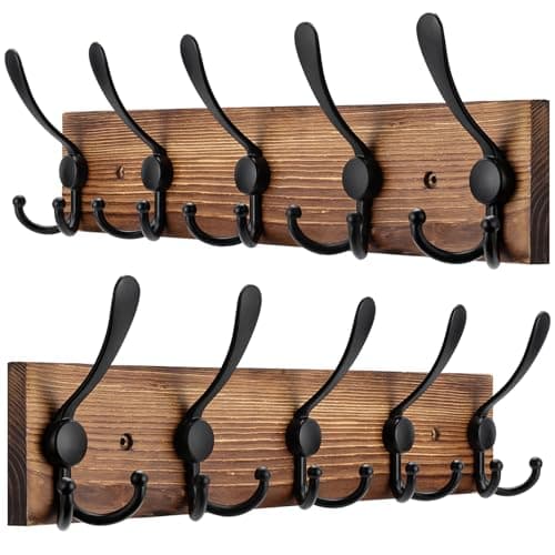 Large Wall Mount Coat Rack with 8 Triple Hooks - Brown Pine Wood Plank Hat Rack for Coat, Hat, Jacket — Brown Plate & Black Hook