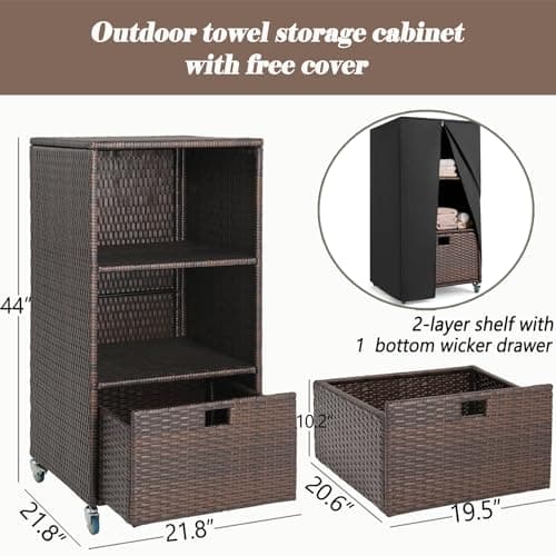 Outdoor Pool Towel Valet with Storage & Wheels, Brown