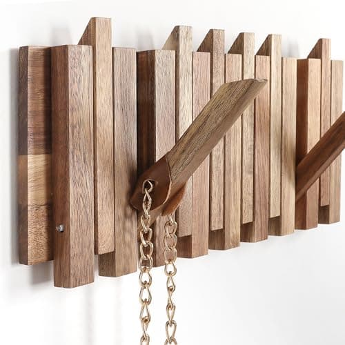 Rustic Wood Wall Coat Rack 6 Hooks 10.4inch Retractable Small Spaces — 8 Hooks Staggered Style