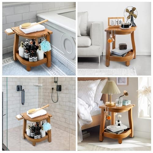 ETECHMART Waterproof Corner Shower Stool with Storage, Teak Finish for Legs Shaving