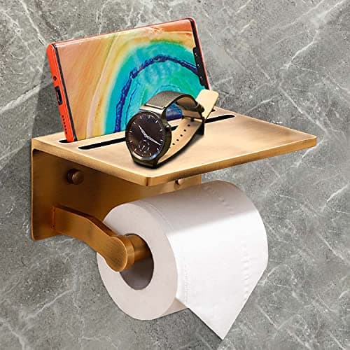 Rustproof Black 3M Adhesive Toilet Paper Holder with Phone Shelf — Brass Antique
