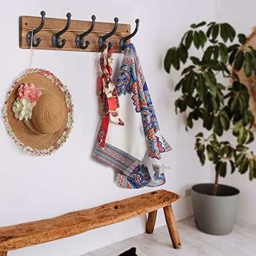 WEBI Rustic Brown Coat Rack with 5 Cast Iron Hooks for Wall Mount