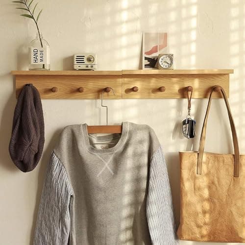 Walnut Wooden Wall-Mounted Coat Rack with Hooks (1pcs) — oak color