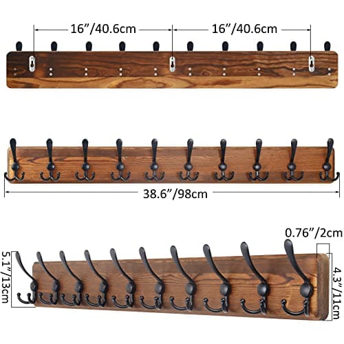 SKOLOO Rustic Wall Mount Coat Rack - 38.6 Wooden Hanger for Jackets and Coats