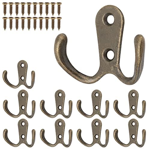 Heavy Duty Double Prong Wall Mount Coat Hooks (10 Pack, Black) — Bronze
