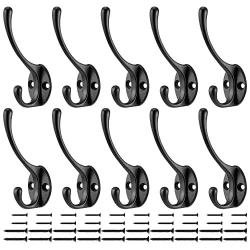 10 Pack Heavy Duty Dual Coat Hooks - Wall Mount with 40 Screws — Black